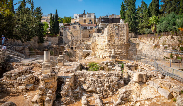 The Pool of Bethesda  from the New Testament account of Jesus miraculously healing a paralysed man, Gospel Archaeological museum.  Jerusalem Israel 13 November 2022