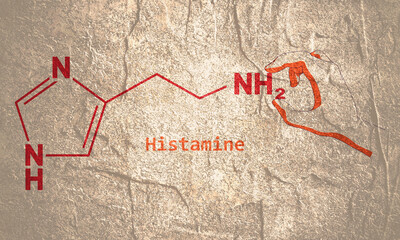 Hand holding chemical molecular formula of histamine.