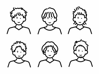 くせ毛を活かしたヘアスタイルの男性のアバターイラストセット　線画のみ