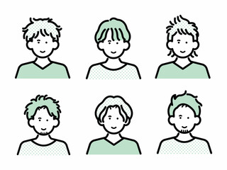 くせ毛を活かしたヘアスタイルの男性のアバターイラストセット