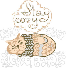 The inscription Stay Cozy and the cat climbed into a knitted mitten.
