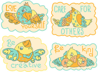 Collection of pictures with fantasy birds for gingerbread or cookies.