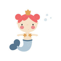 Vector illustration with little mermaid. Cartoon style. Isolated on a white background. Good for birthday cards, invitations, stickers, prints etc.	