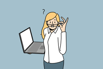 Frustrated businesswoman with laptop feel confused with problem on gadget. Stunned woman with computer shocked with news on device. Vector illustration. 