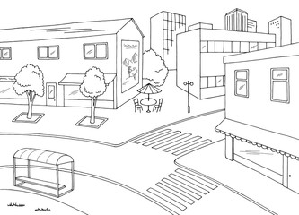 City street road graphic black white city landscape sketch illustration vector 