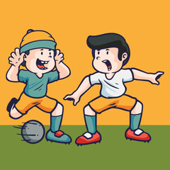 Hand drawn children cartoon activities of two boys playing football.