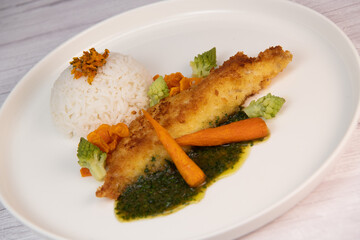Recipe for Hake fillet breaded with panko, rice, carrot chips and coriander sauce. High quality photo
