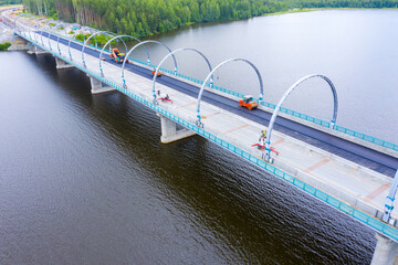Construction of an automobile bridge across the river. View from above