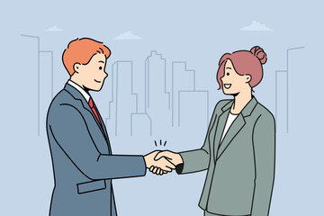 Smiling businesspeople handshake greeting getting acquainted. Happy business partners shake hands close deal or make agreement. Vector illustration. 