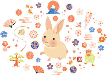 かわいいウサギと和のモチーフの横向き年賀状