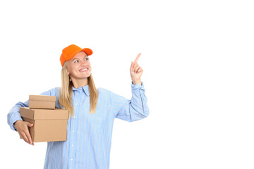 Concept of delivery, surprise, gift, young woman and cardboard box, isolated on white background