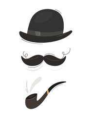 Gentleman set.Bowler hat, mustache, smoking pipe.Vector flat isolated illustration. Vintage collection for gentleman, hipster, detective.