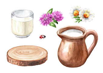 Cream milk set. Hand  drawn watercolor illustration isolated on white background