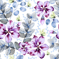 Seamless floral pattern with purple fantasy flowers, branches with green and blue leaves and herbs and yellow lemongrass butterflies on white background. Hand drawn watercolor illustration.