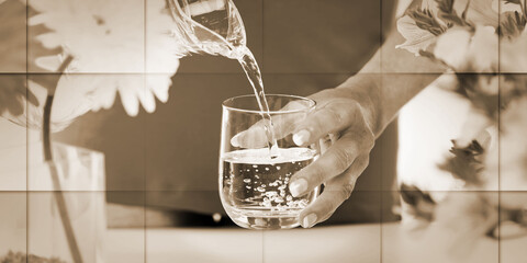 Woman pouring water into a glass, geometric pattern