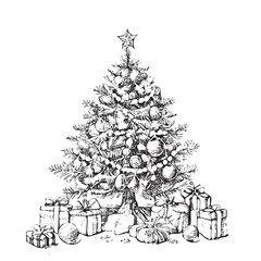 Abstract Christmas tree with gifts and balls hand drawn sketch in doodle style Vector illustration.