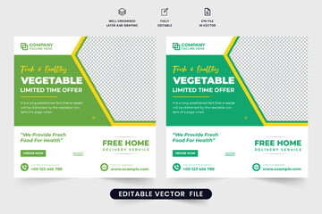 Creative vegetable business promotion poster template with green and yellow colors. Vegetarian restaurant advertisement poster design for social media marketing. Organic food social media post vector.