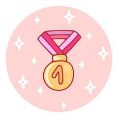 Cute hand-drawn medal for winner in doodle cartoon style. Round composition in neutral candy colors. Kawaii element for card, social media banner, sticker, kids playroom decor. Vector illustration