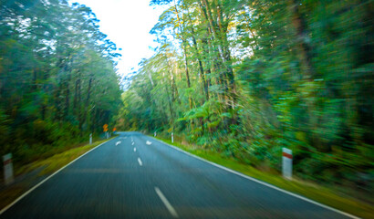 Fototapeta premium Motion blur scenery along the way to Milford sound New Zealand.