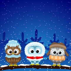 Owl sitting on a branch against the backdrop of winter nature.