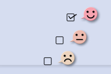 Customer evaluation or positive feedback concept rating. Check mark to select happy face circle on pastel background. copy space for text. illustration of 3D paper cut design style.