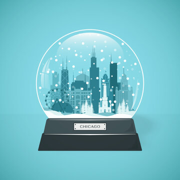 Chicago City Skyline Snow Globe. Merry Christmas And Happy New Year Chicago. Vector Illustration.