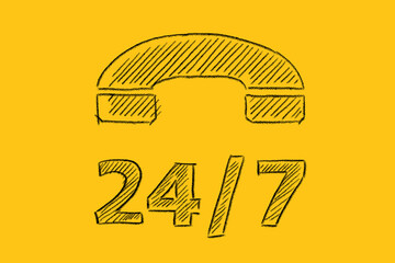 Phone icon with lettering 24-7 drawn on yellow. Contact centre, call centre, service centre, info centre, customer support. 24-hour hotline.