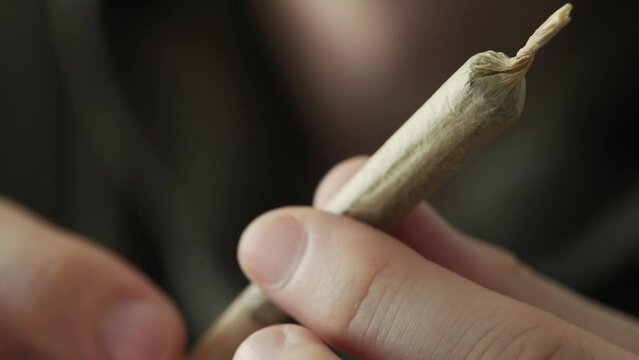 Man holding marijuana joint. CBD cannabis close up.
