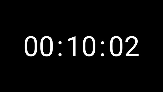 Stylish 15 seconds digital countdown clock timer. White number on isolated black background. Simple and minimal 4K footage motion. Black and white colour. 6 digits number count