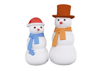 3D Two snowmans wearing red hats