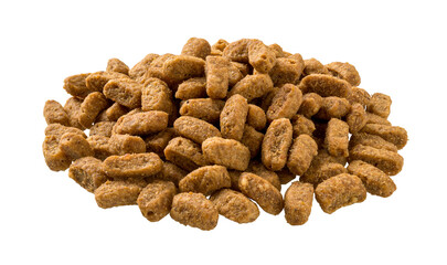 Pile of dry food for kittens cutout. Heap of small protein kibbles for young carnivore animals isolated on a white background. Complete dry food for pets. Veterinary diet concept.