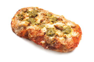 Fresh baked focaccia or pizza with with gorgonzola cheese on a white background