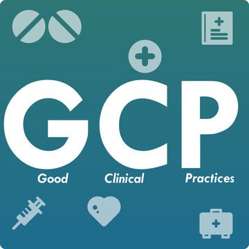 GCP - Good Clinical practices Acronym. Infographic template with icons