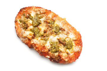 Fresh baked focaccia or pizza with with gorgonzola cheese on a white background.