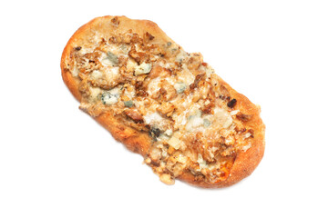 Fresh baked focaccia or pizza with pieces of meat and cheese close-up.