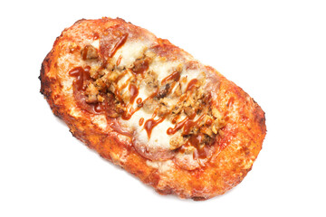 Fresh baked focaccia or pizza with pieces of sausage and cheese close-up.