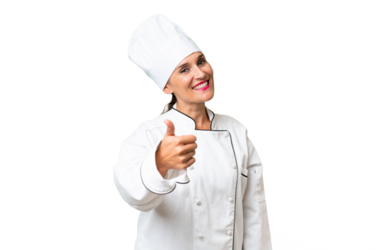 Middle-aged chef woman over isolated background with thumbs up because something good has happened