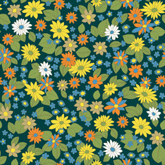 Naklejka na ściany i meble Pattern of bright abstract flowers on a dark green background. Repeatable vector pattern for textile, fabric and print.
