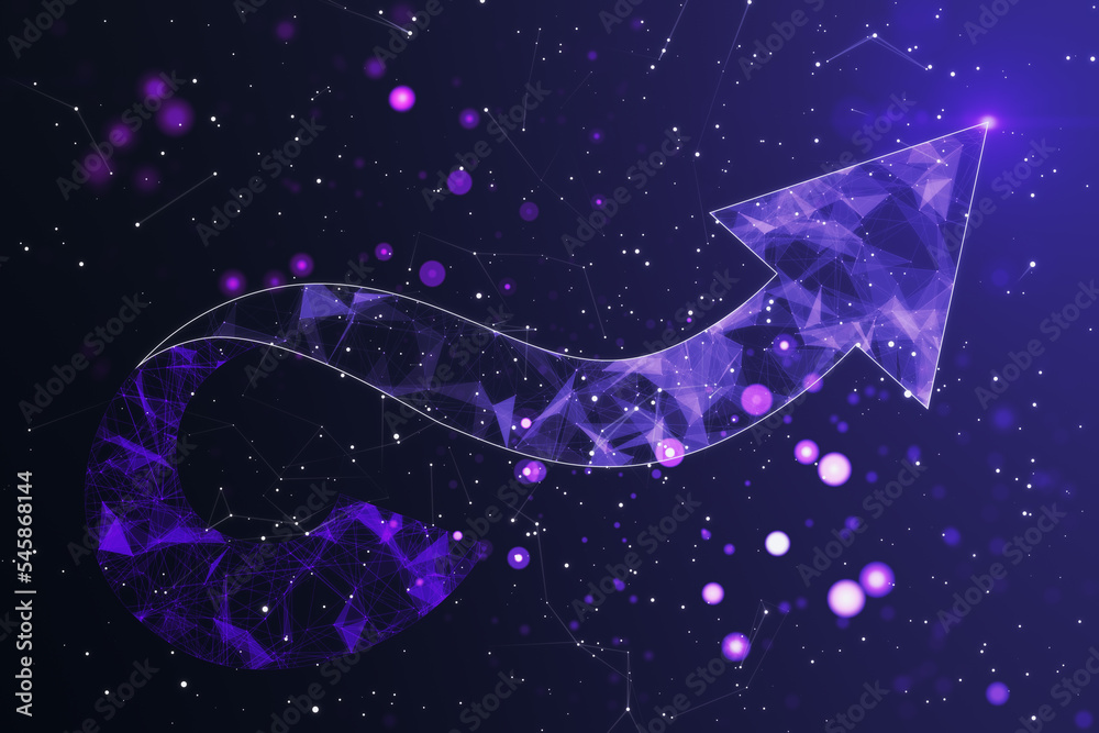 Poster growth, success and technological progress concept with purple wavy arrow on abstract dark space bac