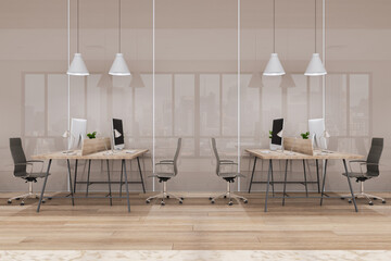 Side view on stylish and cozy coworking office with modern computers on work place tables on wooden floor with light wall background. 3D rendering