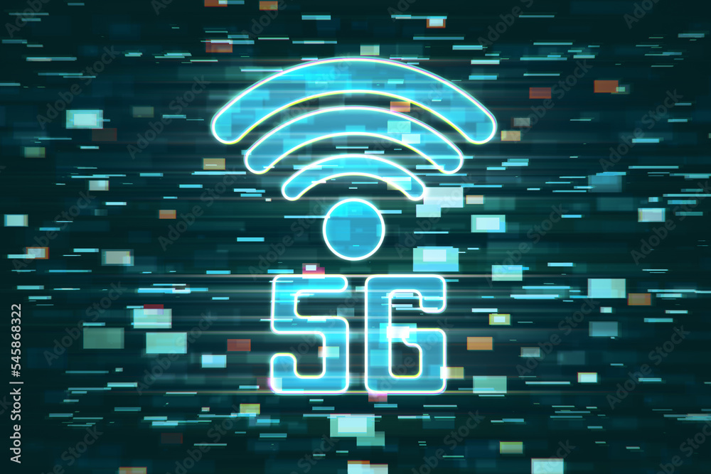 Aufkleber 5g glitchy icon hologram on blurry background. 5th generation wireless internet network connection i