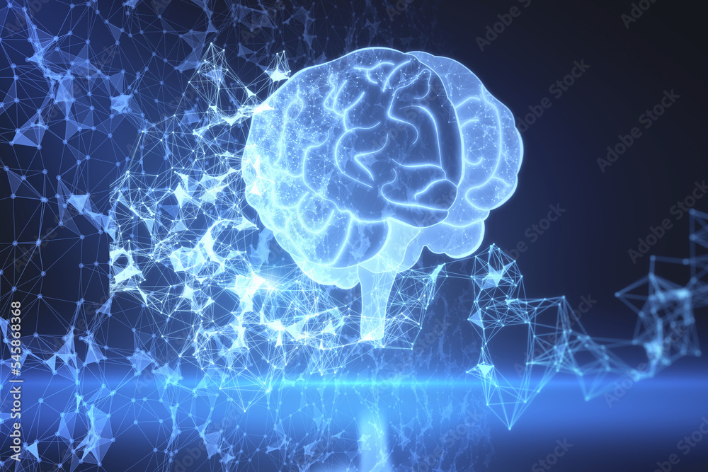 Aufkleber abstract glowing polygonal human brain hologram on blue background. digital intelligence, ai and fut