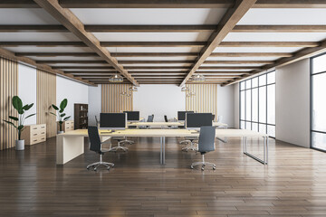 Fototapeta na wymiar Modern loft concrete and wooden coworking interior with window and city view, various pieces of furniture, equipment and items. Commercial workplace concept. 3D Rendering.