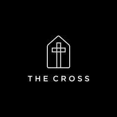 church minimal line logo icon design. Very simple line logo of house with holy cross symbol.