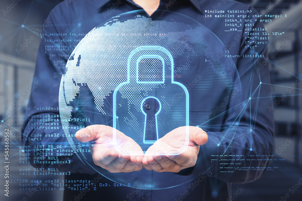 Poster close up of businessman hands holding abstract safety hologram with globe and coding on blurry backg