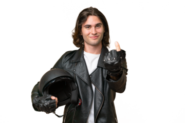 Young handsome man with a motorcycle helmet isolated on green chroma background doing coming gesture