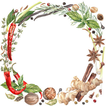 Spices Watercolor. Set. Illustration for clipart. Designed for menus, culinary blogs, packaging, textiles, web design, sites, stickers, invitations, patterns, logos. Drawn by hand.