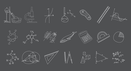 A set of various drawings on the blackboard. Scientific icons in doodle style.