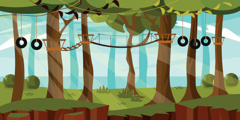 Vector illustration of a funny adventure park. Cartoon forest landscape with different obstacles on trees and suspension bridges.