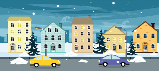 Vector illustration of snowy street. Cartoon winter Christmas street with different houses, cars, fir trees, night sky with city in the background.
